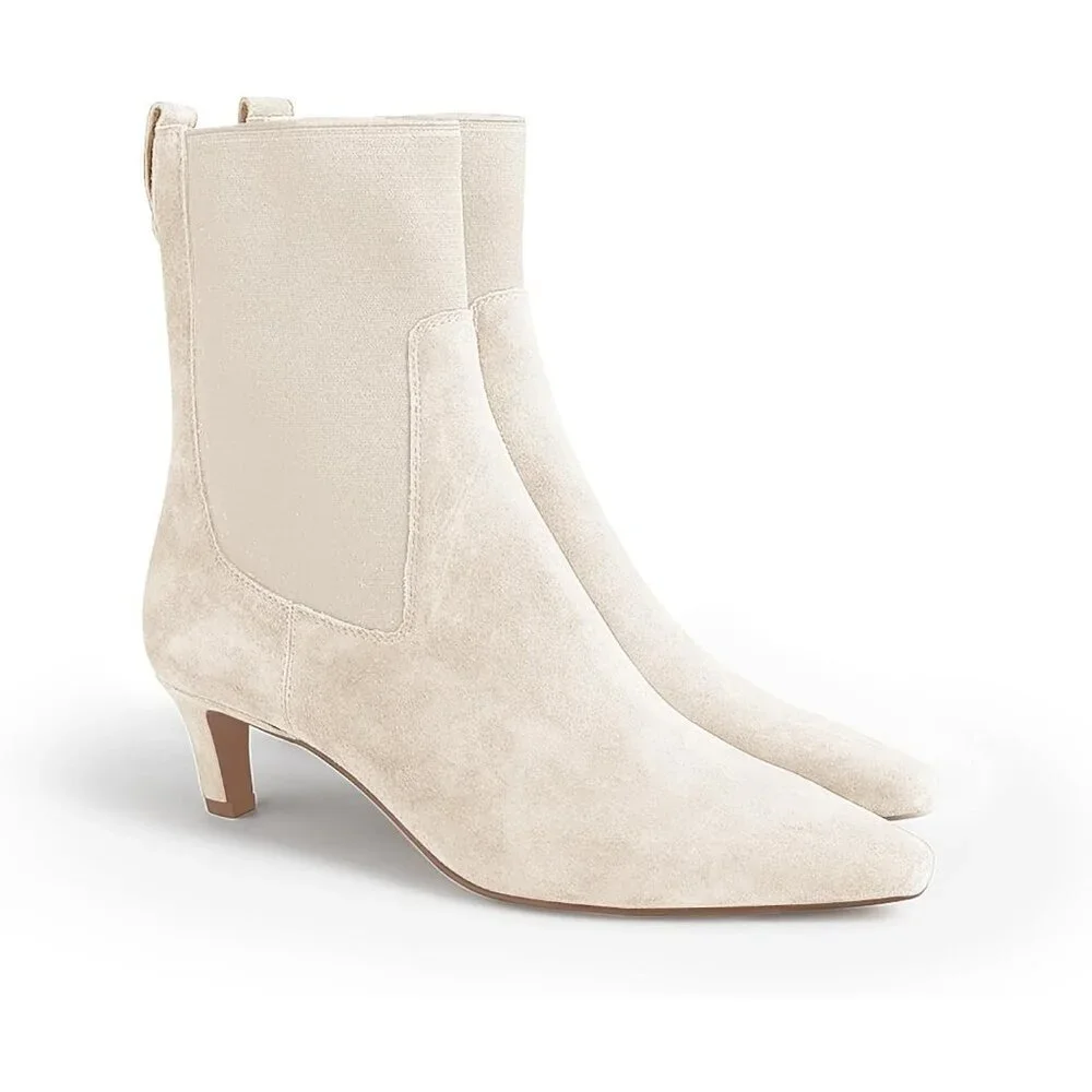 Women's Beige Ankle Low Kitten Heel Pointed Toe Slip On Dressy Winter Booties